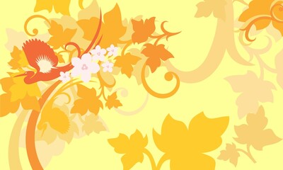 light brown background with birds and leaf motif