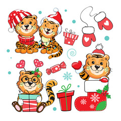 Chinese new year 2022 with cute tigers collection. Vector cartoon illustration. Fashion patch badges