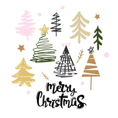 Collection of Christmas trees and inscription merry christmas. Vector illustration of doodle style. Symbol of the new year