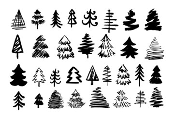 Hand drawn set christmas tree icons. Vector illustration of doodle style