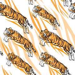 Hand drawn sketch illustration jumping tiger seamless pattern. Symbol of the 2022 year