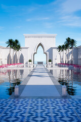 Obraz na płótnie Canvas 3D rendering of a fantasy white stone temple building by the sea with arabic styled architecture.