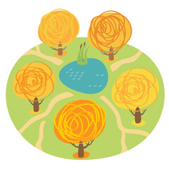 Autumn season vector illustration. Five trees with yellow and orange foliage around a little pond with a brown reedmace and with trodden paths in autumn. Park with small lake in fall season