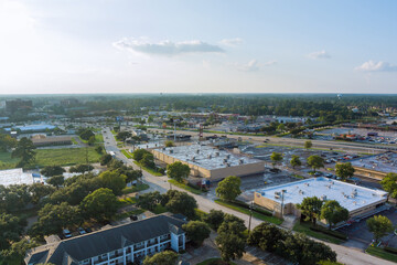 Aerial view shopping mall lot near 45 interchanges view in Houston city Texas USA