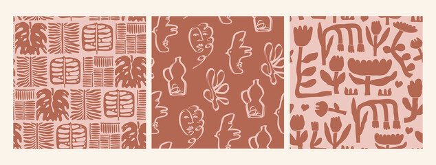 Abstract brown leaves, flowers, birds, faces. Modern design. Hand drawn trendy Vector illustration. Floral concept, Naive art. Set of three Square seamless Patterns. Poster, print, wallpaper templates