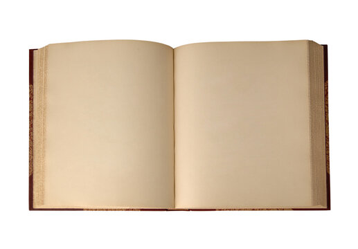 An open empty old book on a white background. Top view