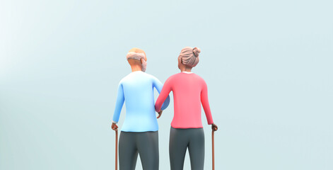 3D Illustration of a elderly couple taking a walk together on a light blue background  