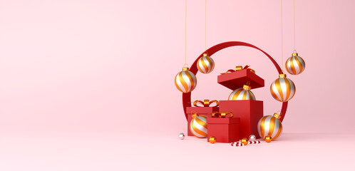 Christmas and happy new year decorations with a red gift box, golden silver ball and golden star on red background. 3d illustration