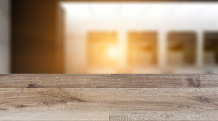 Background with empty wooden table. Flooring. Contemporary interior of public toilet. 3D rendering.