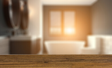 Fototapeta na wymiar Background with empty table. Flooring. Clean and fresh bathroom with natural light. 3D rendering.. Suns