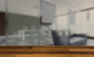 Background with empty table. Flooring. Modern office building interior. 3D rendering.. Mockup.   Empty