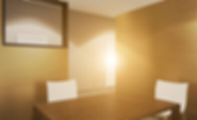 Fototapeta na wymiar Bokeh blurred phototography. Open space office interior with like conference room. Mockup. 3D