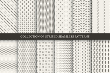 Collection of minimalistic striped seamless patterns. Beige endless linear textures. Repeatable unusual simple monochrome backgrounds
