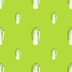 Seamless pattern Chinese cabbage on light green background. Minimalism ornament with lettuce.