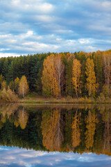 Fototapeta premium Colorful foliage tree reflections in calm pond water on a beautiful autumn day. A quiet and beautiful place to relax.