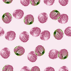 Seamless pattern Radicchio salad on pastel pink background. Abstract ornament with lettuce.