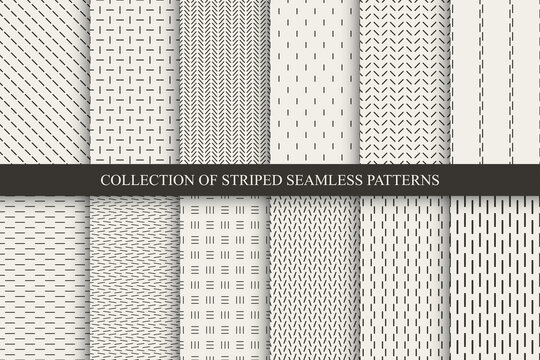 Collection of minimalistic striped seamless patterns. Beige endless linear textures. Repeatable unusual simple monochrome backgrounds