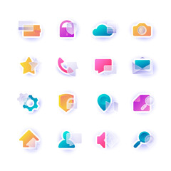 Vector set of creative icons for web and mobile design with glass effect and vivid gradients.