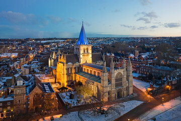 Aerial view of Rochester cathedral and snow covered historical Rochester at winter night.