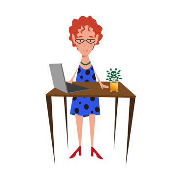 An elderly woman with red hair and a short haircut, an old woman, a pensioner, a grandmother stands at a work table with a laptop. Active old age, work, office. Flat style.