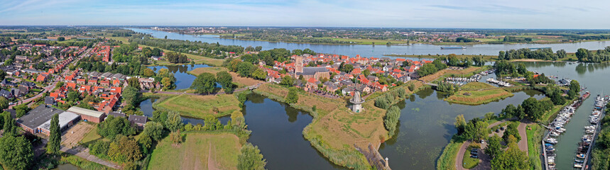 Aerial panorama from the historical city Woudrichem at the Merwede in the Netherlands