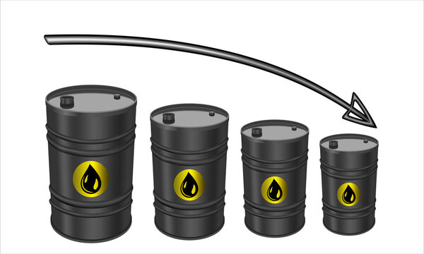 Crude Oil Economy  - Oil Barrels  On White Background, Down Trend. Black Oil Barrel With Black Arrow Going Down. Oil Price Fall Concept. 3D Illustration