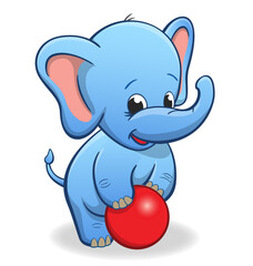 infant baby blue elephant playing with red ball