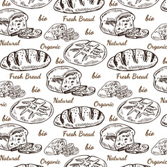 Hand drawn seamless pattern with different breads isolated on white background. Vintage doodle vector illustration.