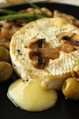 Concept of tasty food with grilled camembert, close up