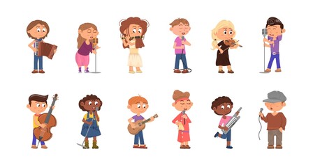 Child musicians. Kids with microphone, cartoon singer and musician. Children play on musical instruments, cartoon concert decent vector characters © LadadikArt