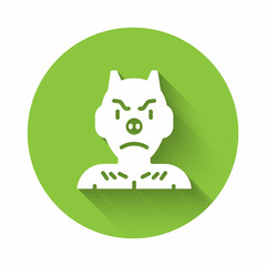 White Krampus, heck icon isolated with long shadow. Horned devil. Traditional Christmas devil. Happy Halloween party. Green circle button. Vector