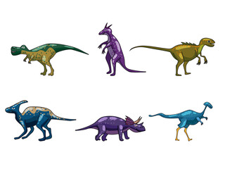 Set funny prehistoric dinosaurus Tyrannosaurus, Triceratops, Brontosaurus. Collection ancient wild monsters reptiles cartoon style. Vector isolated