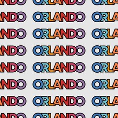 Seamless pattern of text orlando america in colourful scheme with black outline on top of light background