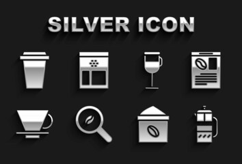 Set Selection coffee beans, Newspaper and, French press, Bag, V60 maker, Irish, Coffee cup to go and icon. Vector