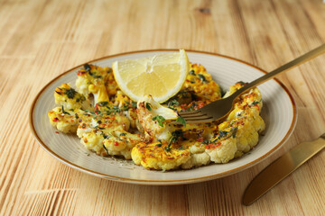 Concept of tasty food with baked cauliflower on wooden background