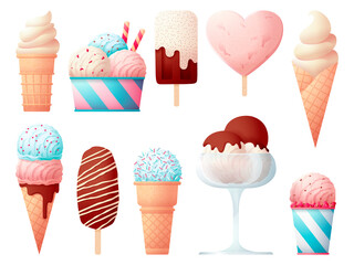 Ice cream collection. Creams objects, glace lolly and cone with cream ball. Isolated chocolate sweets, cold desserts. Creamy delicious swanky vector set