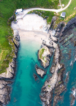 Top down vertical view of Barricane Beach - Woolacombe, Devon, England	