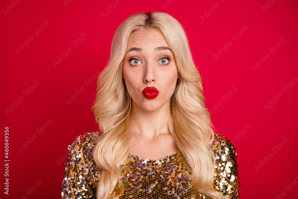 Sticker Photo of girlish romantic affectionate lady send air kiss wear golden dress isolated red color background