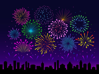 Fototapeta na wymiar Night city fireworks. Firework festival scene, summer celebrate. New year holiday landscape, town silhouette and show in sky. Carnival tidy vector background