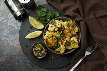 Concept of tasty food with baked cauliflower on dark textured background