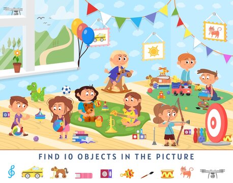 Find 10 objects. Kids game, school activity background. Funny mind exercise, memory training. Hidden object location, search on page decent vector scene