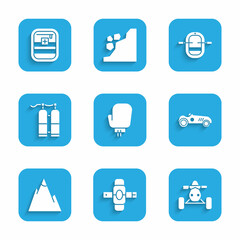 Set Boxing glove, Knee pads, ATV motorcycle, Vintage sport racing car, Mountains, Aqualung, Rafting boat and First aid kit icon. Vector