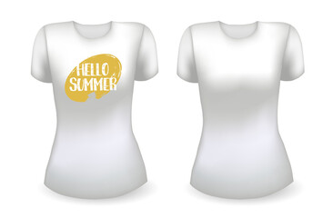 Blank white female t shirt realistic template and white t shirt with label. Hello summer badge. Vector