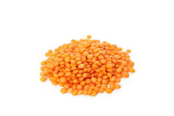 Handful of red lentils isolated on white background