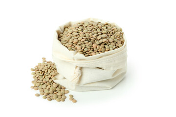 Sack of lentils isolated on white background