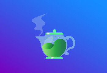 Teapot with green tea,bubbles and steam.