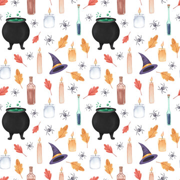 Halloween magic hats and potions seamless pattern. Spooky Halloween background