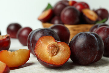Concept of fruit with plums, close up and selective focus