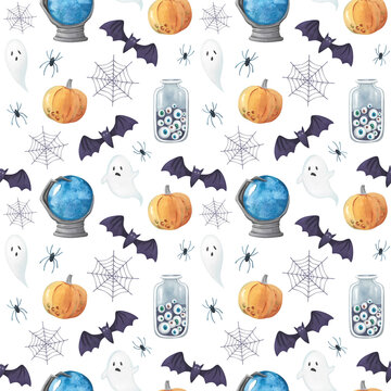 Halloween ghosts and bats seamless pattern. Spooky Halloween background