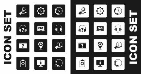 Set Telephone 24 hours support, Laptop and FAQ, Headphones, Settings in the hand, Time Management, Information and Browser with question mark icon. Vector